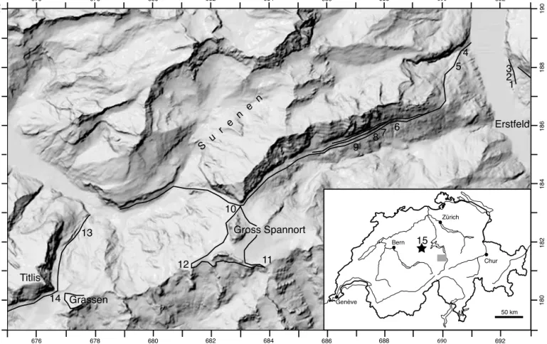 Fig. 1. Digital elevation model (Hurni et al. 2000) of the study area in Central Switzerland with outline of the basal Triassic sequence and positions of the exam- exam-ined 14 sections