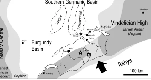 Fig. 5. Palaeogeographic situation showing the location of the Vindelician High during Early Triassic and earliest Anisian (Aegean) times, after Ricour (1963), Ziegler (1990), and this study with the position of the Entlebuch-1 well (asterik), the wells Le