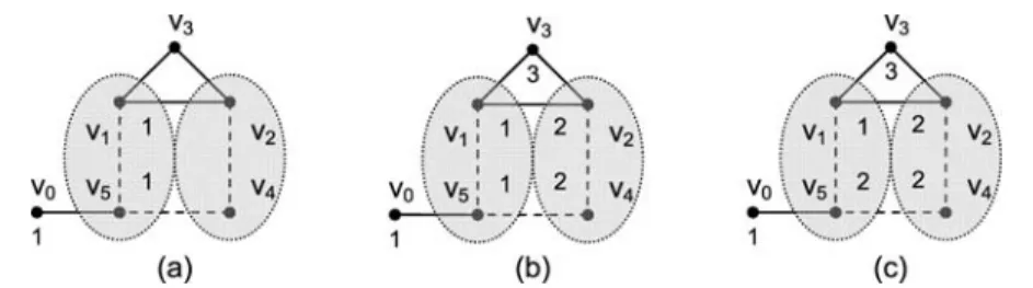 Fig. 5 Illustration of color assignment and propagation: a pre-assigned color cannot be confirmed for v 5 