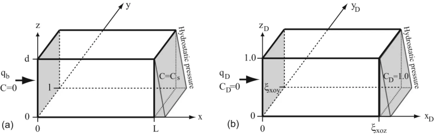 Fig. 1 Model geometry and boundary conditions: a real dimensions, b dimensionless. Boundary conditions for ﬂow are: no ﬂow conditions on top, bottom and lateral faces of the block, a prescribed ﬂux (q b ) along the inland boundary and a constant hydrostati