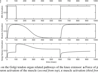 Fig. 8 Results of validation tests on the Golgi tendon organ related pathways of the knee extensor: a Force of perturbation applied to evoke the reflex response (top), b motor neuron activation of the muscle (second from top), c muscle activation (third fr