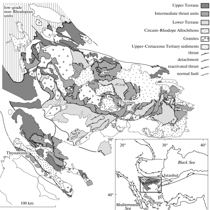Fig. 1. Simplified geological map of the Rhodope Massif showing the main tectonic units and the sampling area near Thermes, after Burg (2012)