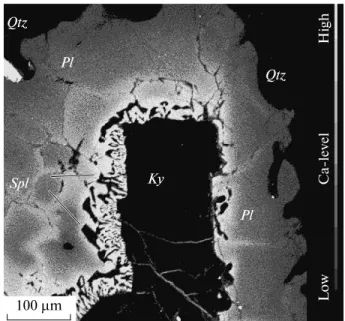 Fig. 4. (a) Backscattered electron (BSE) image of a pseudo morphs after kyanite. (b) Detail of (a) showing the fine grained nature of the symplectites that replace kyanite.