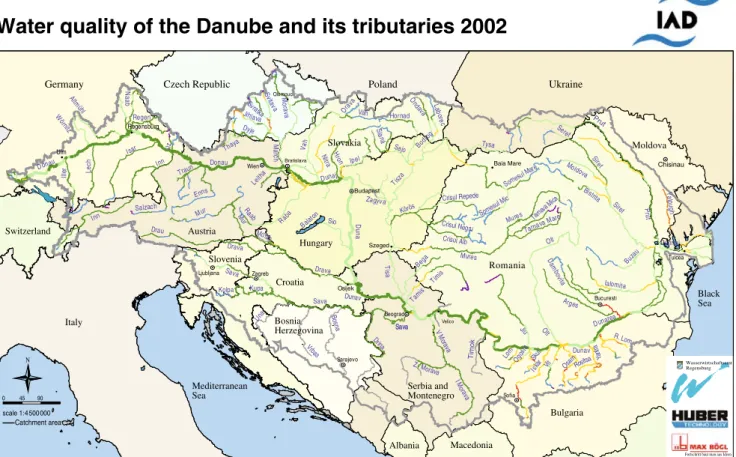 Fig. 1 Water quality map of the River Danube and its tributaries (2002) based on biological – ecological investigations that are  supple-mented by chemical and physical measurements (modified from Schmid 2004)