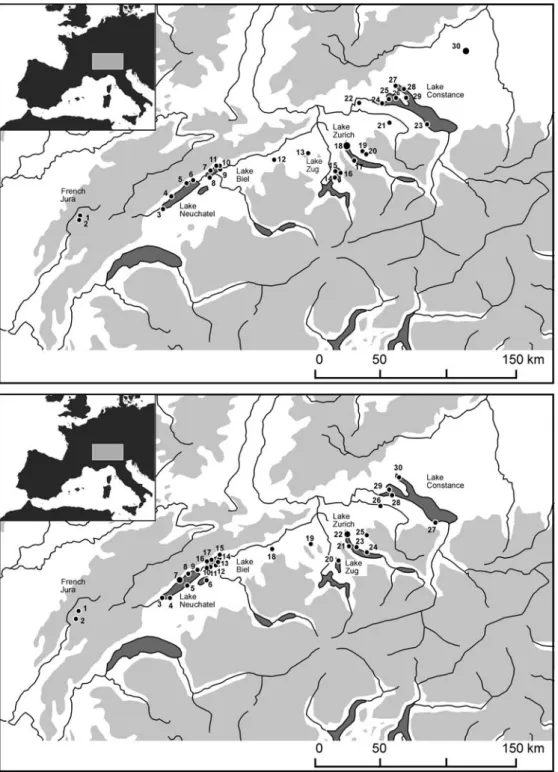 Fig. 1 Geographical location of studied sites. A Sites with archaeobotanical data. 1: Lac de Chalain; 2: Lac de Clairvaux; 3: