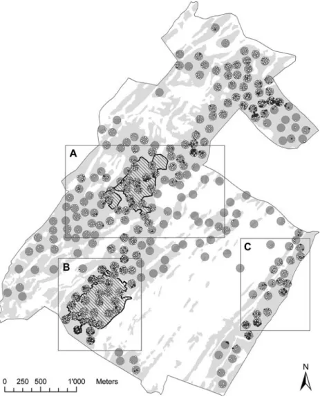 Figure 1. Map of all host trees colonized (black dots) and uncolonized (white dots) by Lobaria pulmonaria in a survey of 251 plots of 1 ha (grey circles) chosen randomly from the wooded part (light gray) of the study area in the Parc Jurassien Vaudois, Swi
