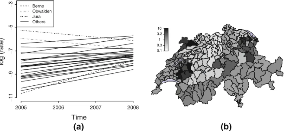 Fig. 3 a Linear time trend for each canton, cantons with a significantly different time trend are plotted using various line types (ST1); b Relative incidence for Coxiellosis, 2005–2008 (ST1)