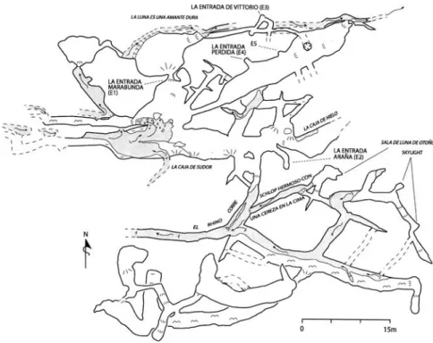 Fig. 2 Simplified map of the Luna Azufre after Pisarowicz (2005). Gray areas: creeks; arrows: