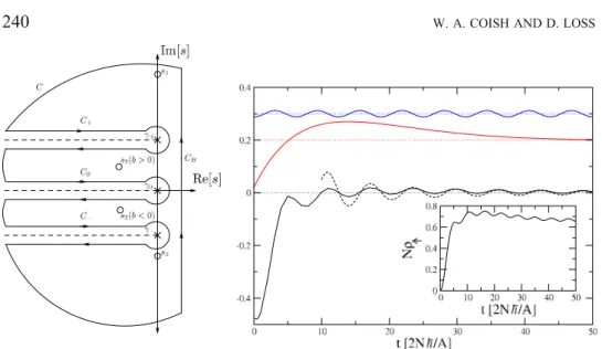 Figure 1. Contour integral (left) that determines all contributions (right) to the spin expectation values, including undamped oscillations (right, top), exponential decay (right, middle) and nonexponential decay (right, bottom; solid line: numerical integ