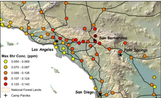Fig. 2 Maximum 8-h O 3 concentrations throughout southern California in 2006
