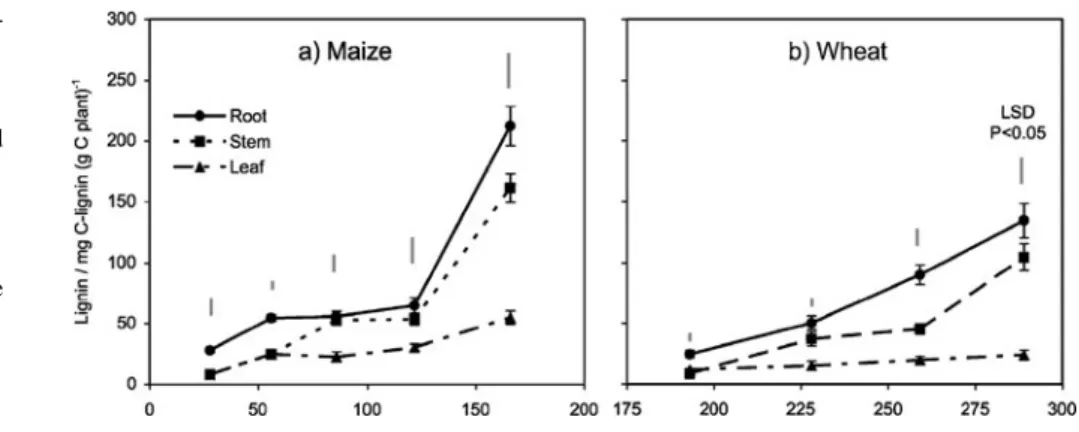 Figure 2 illustrates composition changes in lignin during plant growth. During growth of both plants, C/