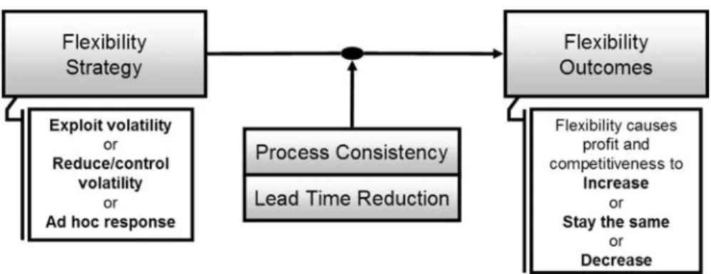 Fig. 2 A theoretical model of the relationship between the flexibility strategy chosen and flexibility outcomes, moderated by performance with respect to process consistency and lead time reduction