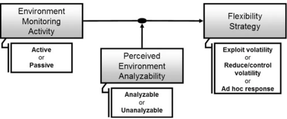 Fig. 1 A theoretical model of the relationship between environmental monitoring activity and choice of flexibility strategy, moderated by perceived environmental analyzability