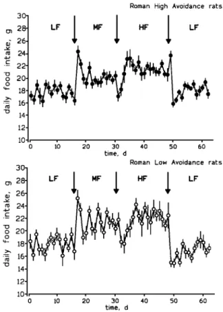Fig. 1. Mean daily food intake of Roman high-avoidance and Roman avoidance rats, successively fed equicaloric  low-fat (LF; 3.3% low-fat), medium-low-fat (MF; 18% low-fat), and high-low-fat (HF; 40% fat) diets