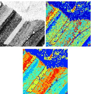 Fig. 6 A SAR image with a high noise level and ambiguous segments (upper left). Solutions without (upper right) and with smoothing