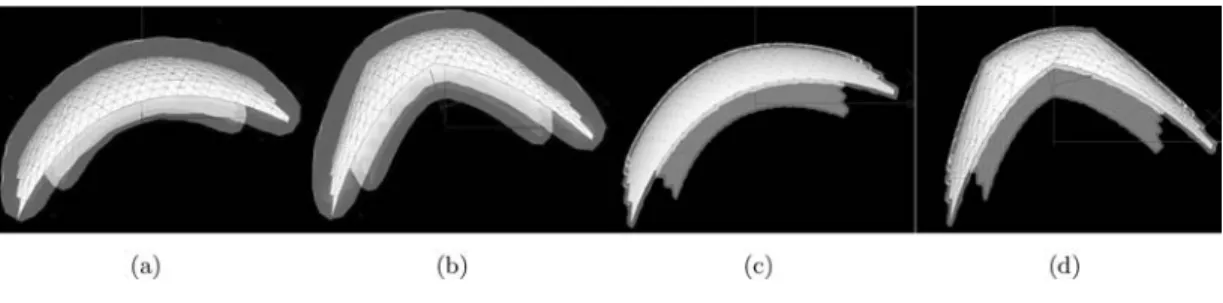 Figure 2. Approximating an explicit mesh by an implicit one. (a, b) Spherical implicit meshes wrapped around an explicit mesh and shown as being transparent