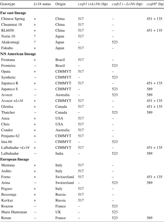 Table 1 Lr34 gene-speciWc  marker classiWcation of a  refer-ence set of wheat genotypes