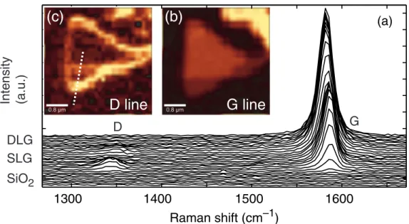 Fig. 2. (a) Raman spectra collected along the white dashed line in (a) showing the D (left) and the G (right) peak