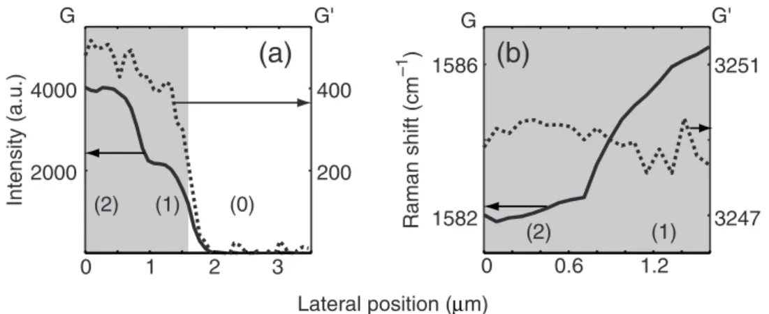 Fig. 5. (a) Raman intensity cross section along the white dashed line in ﬁgure 2(a) showing the integrated intensity of the G line (solid, left scale) and the G’ line (dotted, right scale)
