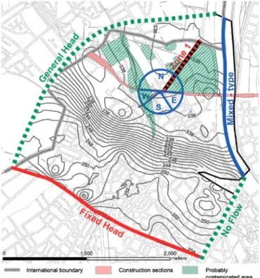 Table 1 Total rates (in l s − 1 ) of extraction and injection as well as water budgets (in l s − 1 ) across model boundaries, zone 1 and the inﬂow budgets, from different directions, to the drained construction (see Fig