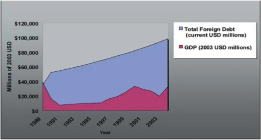 Figure 3 shows that Iraqi foreign debts increased dramatically since the Gulf War due to the  war costs and the sanctions