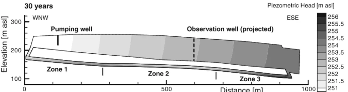 Fig. 5 Simulated piezometric head distribution from density-coupled model after 30 years, and location of zones 1 – 3 for integration of mass input (Scenario S_standard1; see Table 1)