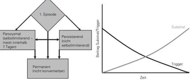 Abbildung 1. Nomenklatur des Vorhofflimmerns. Es wird  zwischen paroxysmalem, meist innerhalb 7 Tagen  selbst-limitierendem Vorhofflimmern, persistierendem, nicht  selbstlimitierendem und permanentem Vorhofflimmern  unterschieden