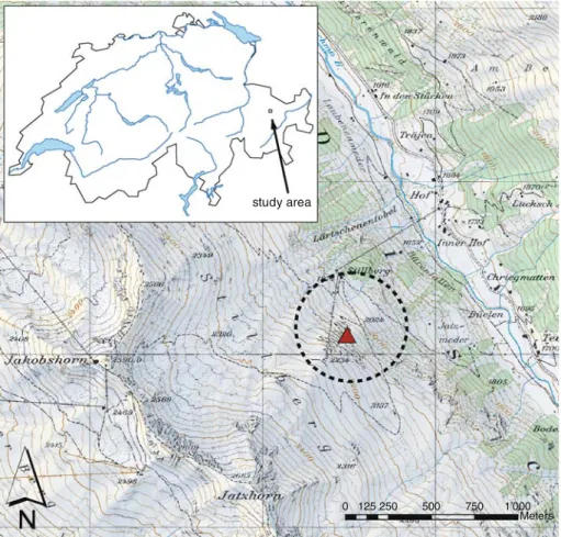 Fig. 1 Map of study area (46°46 0 N, 9°51 0 E) in the eastern Swiss Alps (see inset) Stillberg study site is indicated with dashed circle; triangle shows location of AMS (Map sources: PK25 Ó 2006 Swisstopo (JA082256), Ó BFS, GEOSTAT)