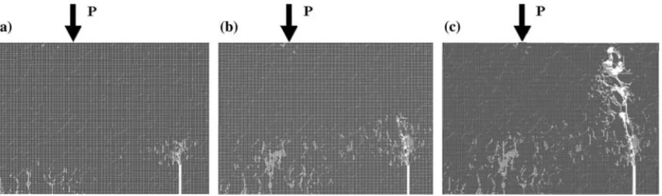 Fig. 16 Progressive crack initiation and propagation by numerical model (c = 0.4). (a) Micro-cracks initiation, (b) macro-crack initiation and (c) crack propagation