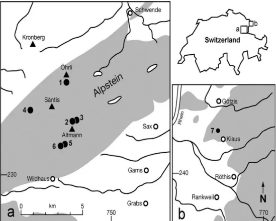 Fig. 1 Map showing grey-coloured areas of the Sa¨ntis nappe of the Alpstein, northeastern Switzerland (a) and in Vorarlberg, Western Austria (b)