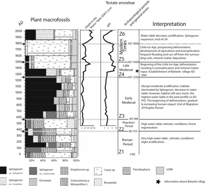 Fig. 8 Comparison of plant macrofossils data with quantita- quantita-tive reconstructions based on testate amoebae