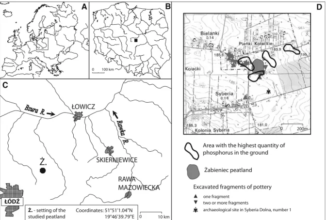 Fig. 1 Setting of the study site at the background of A Europe, B Poland, C central Poland and D map showing archaeological sites around the peatland