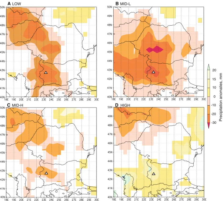 Fig. 8 Composite maps for gridded precipitation anomalies in years with high stabilized frequencies of Narrow rings (NR) in: a chronology LOW; b chronology MID-L; c chronology MID-H and d chronology HIGH