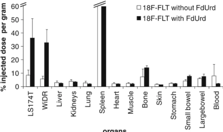 Fig. 4. Biodistributions of [ 18 F]FLT in mice engrafted with LS174T and WiDr. Mice were not pretreated or pretreated with FdUrd 1 h before [ 18 F]FLT injection