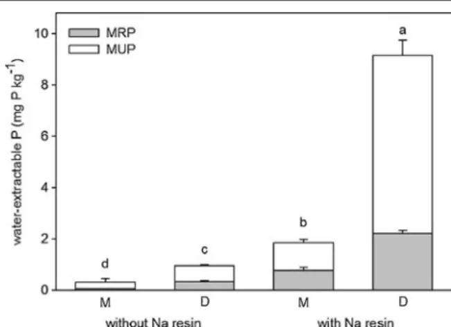 Fig. 4 Water-extractable P (molybdate-reactive (MRP) and molybdate-unreactive (MUP)) in constantly moist soils (M) or soils dried to 2 % GWC (D) extracted 1 h after rewetting in the presence or absence of Na-saturated resin membranes