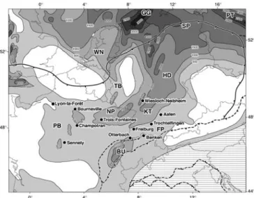 Fig. 6 Isopach map of restored Triassic series, contour interval 500 m, showing location of analysed wells and Variscan (solid barbed line) and Alpine (interrupted barbed line) deformation fronts (after Ziegler et al