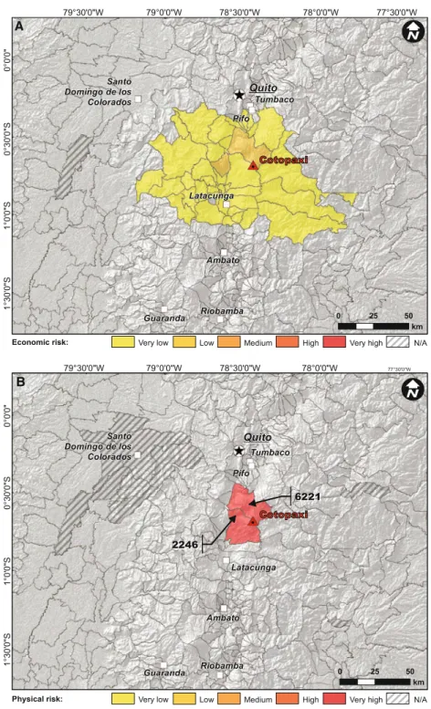 Fig. 3 Thematic risk maps per parroquia based on an eruptive scenario of type ERS of VEI 4 showing a economic risk with qualitative subdivisions of the risk level and b physical risk showing the number of buildings expected to collapse in each administrati