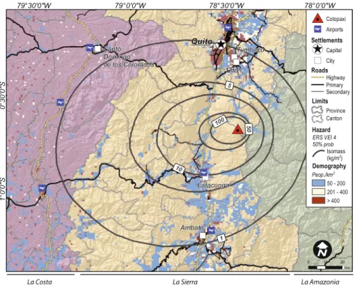 Fig. 1 Overview map around Cotopaxi volcano, showing exposed elements (human settlements, roads, airports), the hazard scenario used throughout this study (isomass map for an ERS of VEI 4–50 % probability of occurrence; Biass and Bonadonna, this volume) an