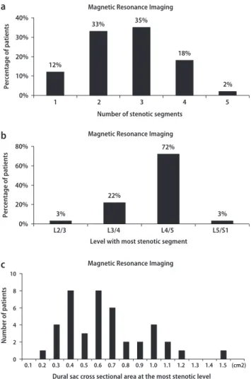 Fig. 2 (A) Number of stenotic segments in the patients suffering from LSS diagnosed by magnetic resonance imaging assessment