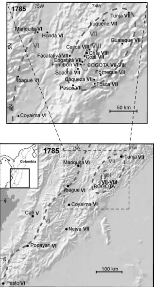 Figure 9. Macroseismic intensities and isolines for the 12 July 1785 earthquake (after Alvarez, 1987)
