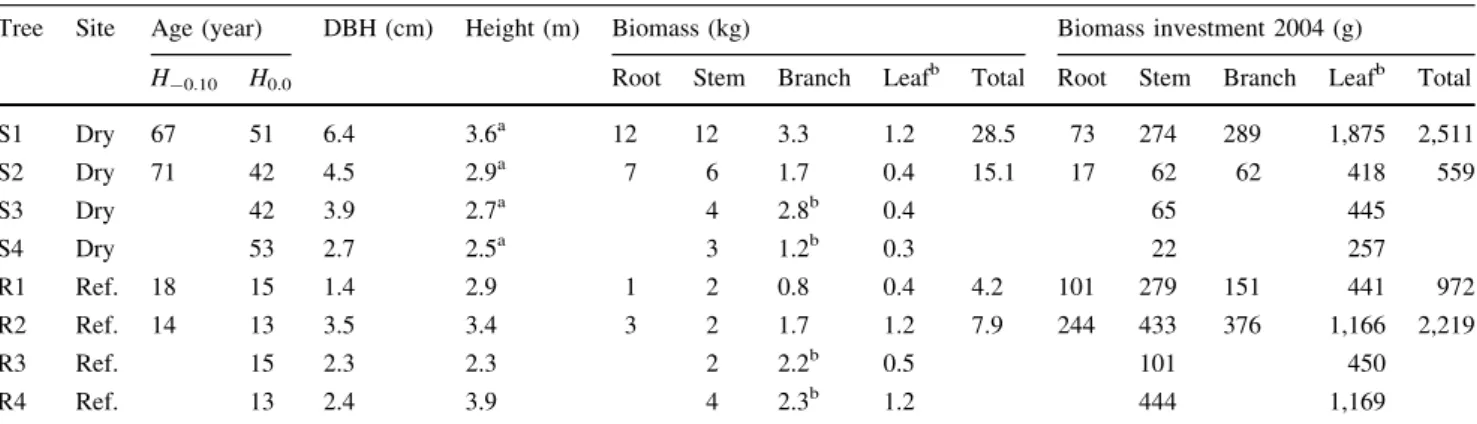 Fig. 1 Proportional distribution of biomass (a) and allocation to leaves, branches, stem, and roots in the 2004 growing season (b) of two drought-stressed Q