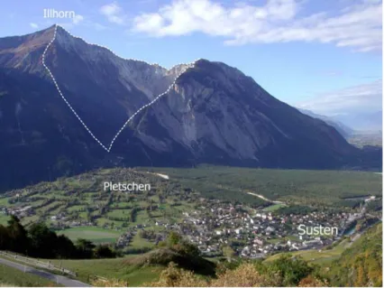 Fig. 1 Illgraben debris fan with the village of Susten and the confluence with the Rhone River in the foreground and the catchment in the background (F