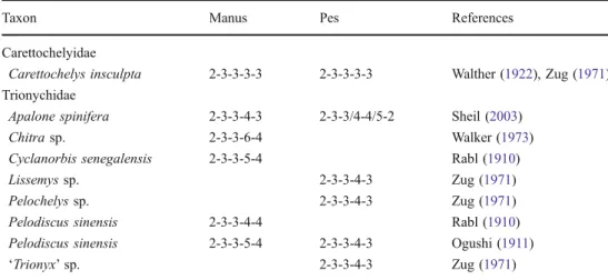 Table 1 Previously reported phalangeal formulae of  caretto-chelyids and trionychids