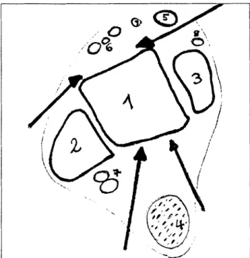 Abb.  1.  Schema  der  Zugangswege  zum  oberen  Sprunggelenk:  Die  Pfeile  markieren  den  antero-medialen,  den  antero-lateralen,  den  dorso-media-  len  und  dorso-lateralen  Zugang