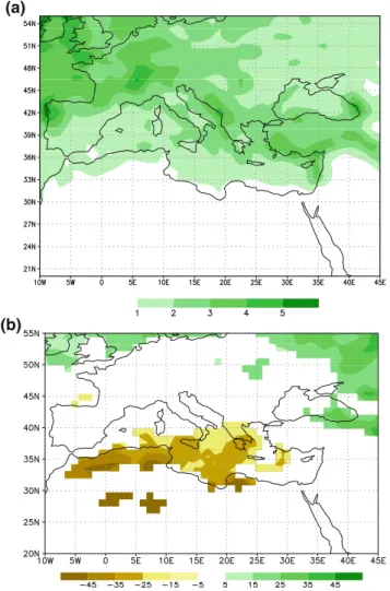 Fig. 11 a Mean winter (DJF) precipitation for the Ctrl simulation (shading interval: 1 mm/day) and b difference between the A2 (2071–