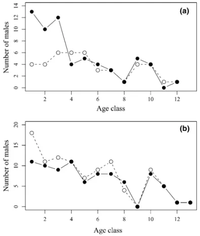 Fig. 1 Maximum number of observed males (open circles and dashed lines) during daily censuses in the rutting periods of 2005–2006 (a) and 2006–2007 (b), respectively, and corresponding numbers of males that have been successfully sampled and genotyped (fil