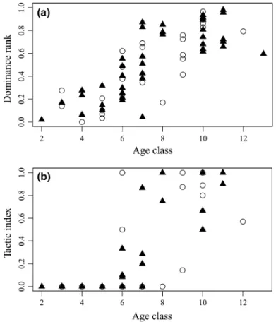 Fig. 2 Relationship between age and dominance rank (a) and age and tactic index (b) of individual males during the pre-rut and rutting seasons in 2005–2006 (open circles) and 2006–2007 (closed triangles)