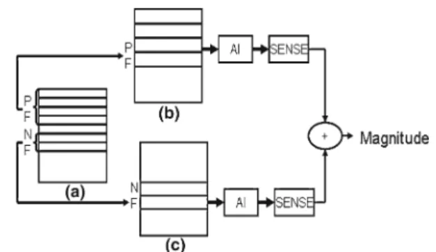 Fig. 1 Analytic image SENSE (AI_SENSE) algorithm. a–c Depicted partial k-space data, positive spatial frequencies (P F ) and negative  spa-tial frequencies (N F), respectively