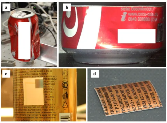 Fig. 5 Filament saw applied to the focus-less cutting of an aluminum can (a) + (b);