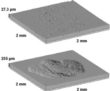 Fig. 10 Surface topography measurements done by scanning laser profilometry of pitted surface of QC (top) Ti 41.5 Zr 41.5 Ni 17